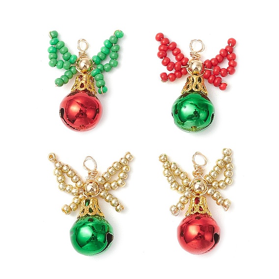 4шт 4 цвета латунные подвески-колокольчики, со стеклянными бусинами и петлями из медной проволоки, подвеска-бантик и колокольчик