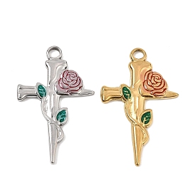 304 Stainless Steel Enamel Pendants, Cross with Rose Charms