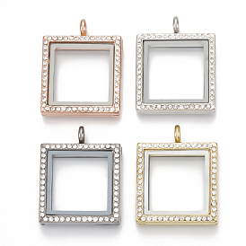 Alloy Magnetic Locket Pendants, with Rhinestone and Glass, Square, Crystal