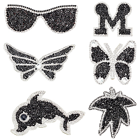 Fingerinspire 6Pcs 6 Style Glitter Hotfix Rhinestone, Iron on Patches, Dress Shoes Garment Decoration, Dolphin & Butterfly & Letter M & Glasses & Butterfly & Maple Leaf