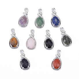 Gemstone Pendants, with Crystal Rhinestone and Platinum Plated Brass Settings, Faceted Oval