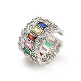Brass Micro Pave Colourful Cubic Zirconia Open Cuff Rings, Long-Lasting Plated