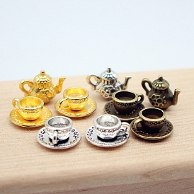 Alloy Teapot & Tea Cup Set Model, Micro Landscape Home Dollhouse Accessories, Pretending Prop Decorations