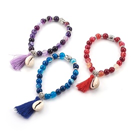 Natural Striped Agate/Banded Agate(Dyed) Beads Stretch Charm Bracelets, with Tibetan Style Alloy Pendant, Tassels and Cowrie Shell, Dyed, Round