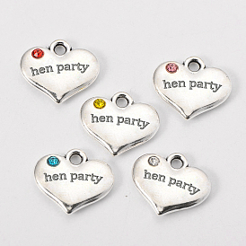 Tibetan Style Heart with Word hen party Rhinestone Charms, Cadmium Free & Nickel Free & Lead Free, 14x16x3mm, Hole: 2mm