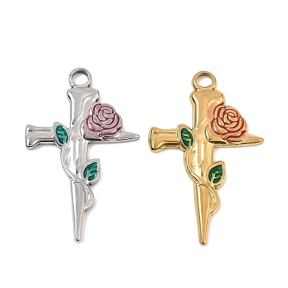 304 Stainless Steel Enamel Pendants, Cross with Rose Charms