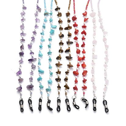 304 Stainless Steel Eyeglasses Chains, Neck Strap for Eyeglasses, with Glass Seed Beads, Acrylic Imitation Pearl Beads, Chips Natural & Synthetic Gemstone Beads and Rubber Loop Ends
