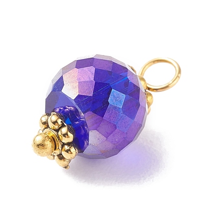Electroplated Glass Pendants, with Brass & Alloy Findings, AB Color, Faceted Round, Golden