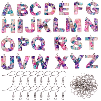 Alfabeto colgante pendiente diy kit de fabricación, incluyendo colgantes de resina epoxi transparente 26pcs, 60 de las PC de bronce ganchos pendiente, 90 anillos de salto abiertos de hierro de las PC
