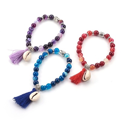 Natural Striped Agate/Banded Agate(Dyed) Beads Stretch Charm Bracelets, with Tibetan Style Alloy Pendant, Tassels and Cowrie Shell, Dyed, Round