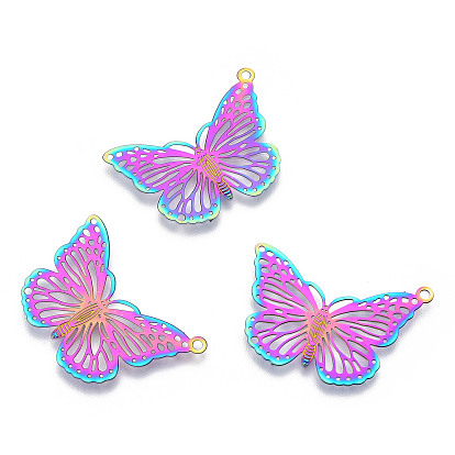 Ion Plating(IP) 304 Stainless Steel Filigree Pendants, Etched Metal Embellishments, Butterfly Charm