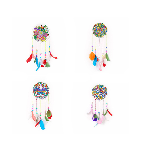 DIY Butterfly Theme Diamond Wind Chime Pendant Decoration Kits, Including Canvas, Resin Rhinestones, Diamond Sticky Pen, Tray Plate and Glue Clay, Woven Net/Web with Feather