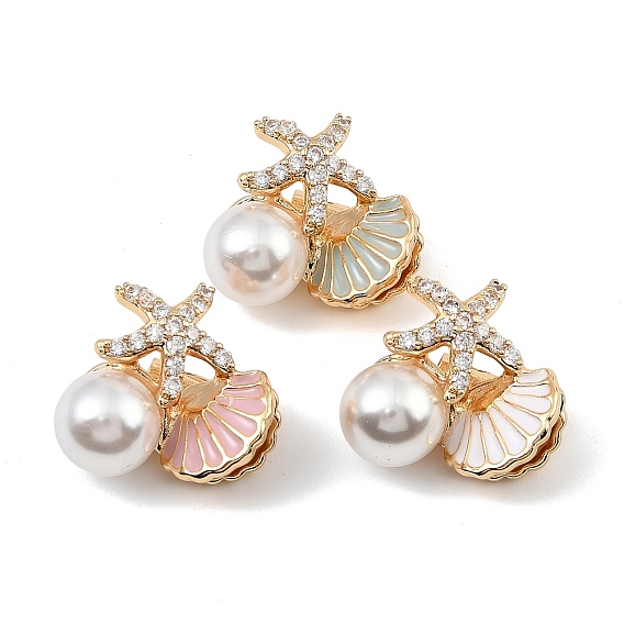 Латунные микро проложить кубического циркония бусы, в форме раковины с морской звездой, с эмалью и абс пластика имитация жемчуга, реальный 18 k позолоченный