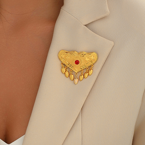 Броши-кисточки из латуни в форме сердца для женщин, с нержавеющей сталью и стеклом