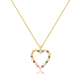18K Gold Plated Heart-shaped Lock Collarbone Chain with Colorful Zircon and Pearl