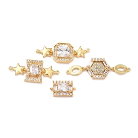 Brass Micro Pave Clear Cubic Zirconia Links Connectors, Long-Lasting Plated, Rectangle & Hexagon & Octagon