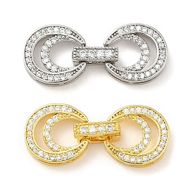 Rack Plating Brass Micro Pave Clear Cubic Zirconia Fold Over Clasps, Long-Lasting Plated, Moon