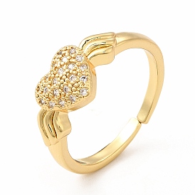 Cubic Zirconia Heart with Wing Open Cuff Ring, Real 18K Gold Plated Brass Jewelry for Women, Cadmium Free & Lead Free