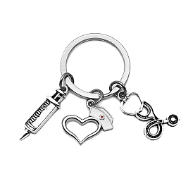 Capuchon d'infirmière et seringue d'injection et stéthoscope porte-clés pendentif en acier inoxydable, porte-clés thème médical