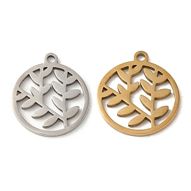 201 Stainless Steel Pendants, Laser Cut, Flat Round with Leaf Charm
