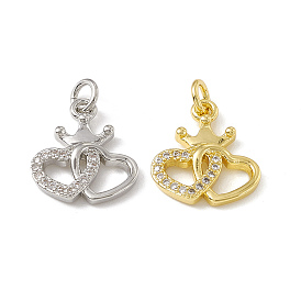 Brass Micro Pave Clear Cubic Zirconia Charms, with Open Jump Rings, Double Heart with Crown