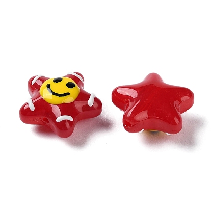 Glass Enamel Beads, Star with Smiling Face Pattern