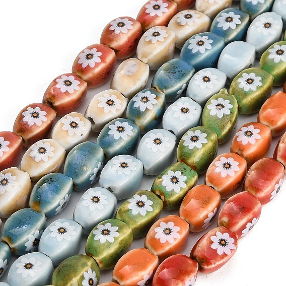Perles de porcelaine à la main imprimés, ovale avec des fleurs