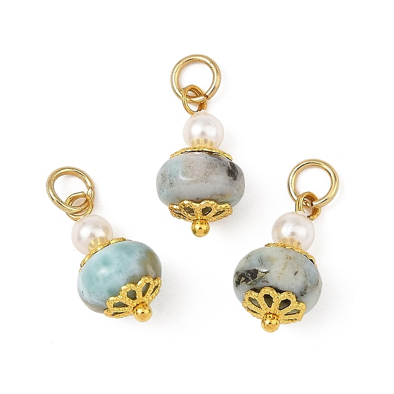 Natural Larimar and Shell Pearl Pendants, Rondelle Charms with Brass and 304 Stainless Steel Findings, Golden