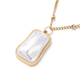 Plastic Pearl Rectangle Pendant Necklace with Satellite Chains, Ion Plating(IP) 304 Stainless Steel Jewelry for Women