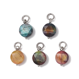 Подвески из натурального окрашенного тигрового глаза с шестиугольной огранкой, плоские круглые подвески с 304 кольцами из нержавеющей стали, разноцветные