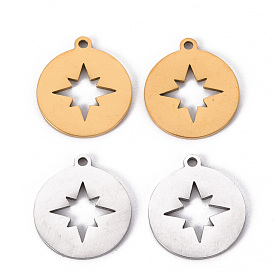 201 Stainless Steel Pendants, Laser Cut Pendants, Flat Round with Star