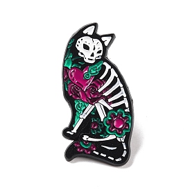 Skeleton Cat with Flower Enamel Pin for Halloween, Alloy Badge for Backpack Clothing, Electrophoresis Black