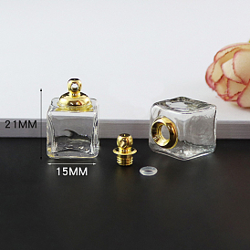 Transparent Glass Openable Perfume Bottle Pendants, with Brass Findings, Cuboid