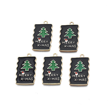 Crémaillère placage pendentifs en émail d'alliage, sans cadmium et sans nickel et sans plomb, or et de lumière, rectangle avec arbre de noël et mot joyeux noël