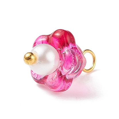 Electroplate Glass Charms, with Golden Plated Brass Findings and Glass Pearl Round Beads, Trumpet Flower