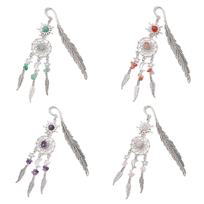 4 pièces 4 styles marque-pages en alliage soleil et filet/toile tissé avec breloques en plumes, avec des éclats de quartz rose naturel, d'aventurine verte, d'agate rouge du Sud et d'améthyste