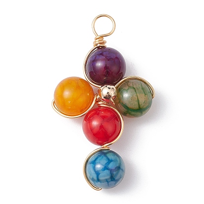 Gemstone Pendants, Eco-Friendly Light Gold Plated Copper Wire Wrapped Cross Charms, Colorful