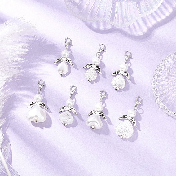 7шт. подвеска в форме сердца ангела из стекла и АБС-пластика с имитацией жемчуга, с цинковым сплавом застежками омаров коготь