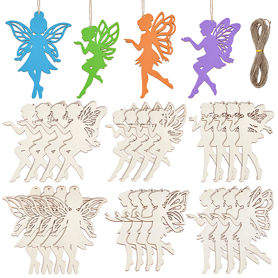 24 Juego de colgantes de ángel de madera sin terminar para pintar., pirograbado, decoración del hogar, con cordón de yute