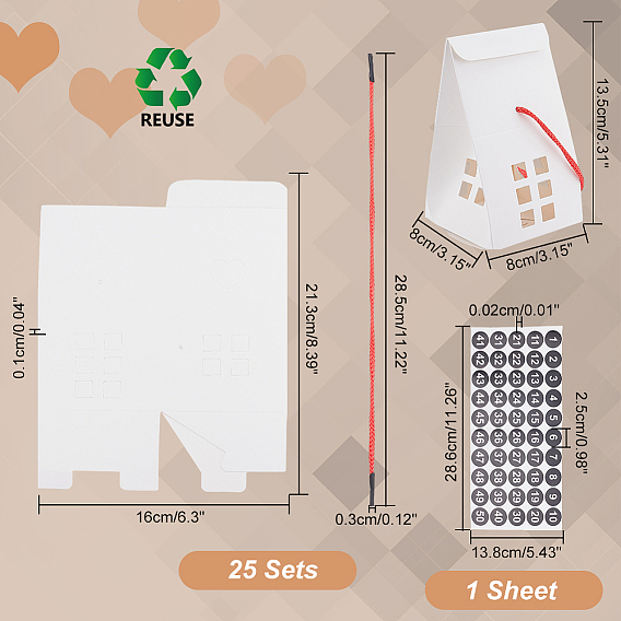 25 наборы прямоугольных складных креативных рождественских бумажных подарочных коробок с окном и 1 листов бумаги в горошек с номерами, этикетками и наклейками