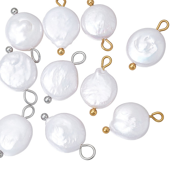 10шт. 2 цвета, подвески из натурального пресноводного жемчуга кеши, плоские круглые прелести, с 304 петлями из нержавеющей стали, белые