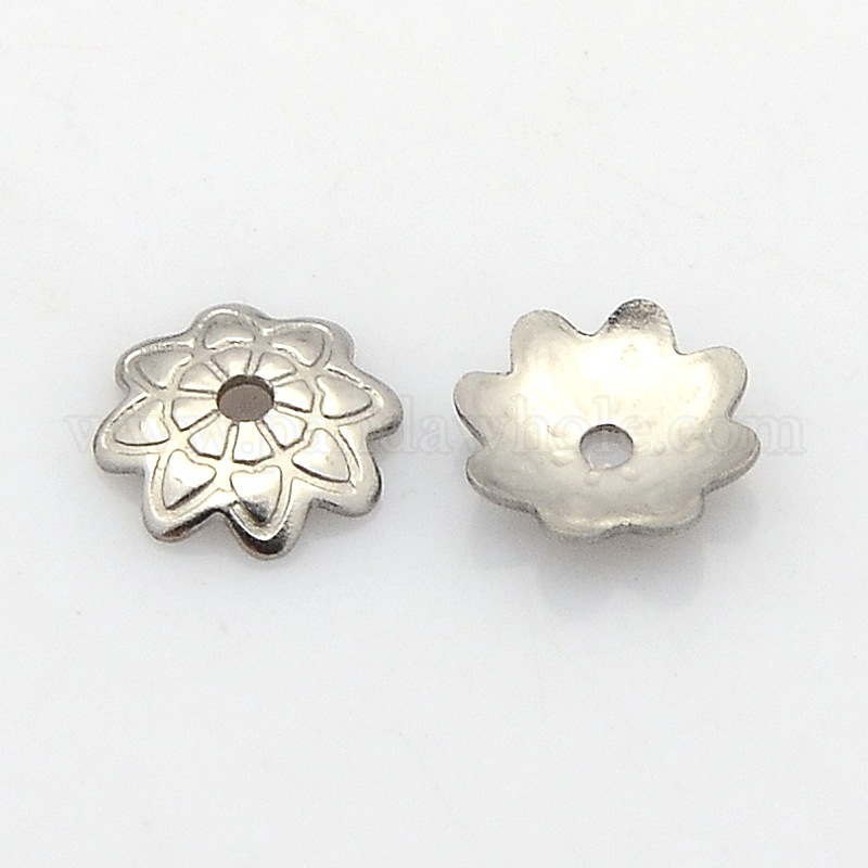 20pcs 304 Stainless Steel Flower Bead Caps Carved 8 Petal Gold Plated 7.5x1.5mm 