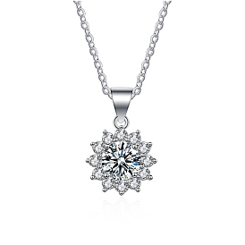 Rhodium Plated 925 Sterling Silver Micro Pave Clear Cubic Zirconia Pendants, Flower Charms with Crystal Moissanite Rhinestone