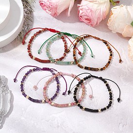 6Pcs 6 Styles Natural Gemstone Braided Bead Bracelets, Nylon Cord Adjustable Bracelets, Round & Column