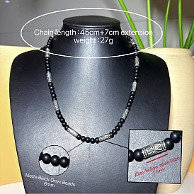 Collares redondos de cuentas de ónix negro natural (teñido y calentado) de estilo vintage con tubo de aleación para hombre.