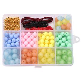 180Pcs 8 Colors Round Frosted & Opaque Acrylic Beads, with  4m Waxed Polyester Cords and 100Pcs ABS Plastic Beads, for DIY Children's Day Bracelets Making Kits