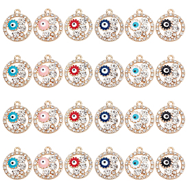 24Pcs 6 Colors Rack Alloy Enamel Pendants, with Crystal Rhinestone, Cadmium Free & Nickel Free & Lead Free, Flat Round with Eye, Light Gold