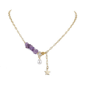 Natural Amethyst Chip Beads Necklaces, Star Brass Pendant ABS Plastic Imitation Pearl Necklaces