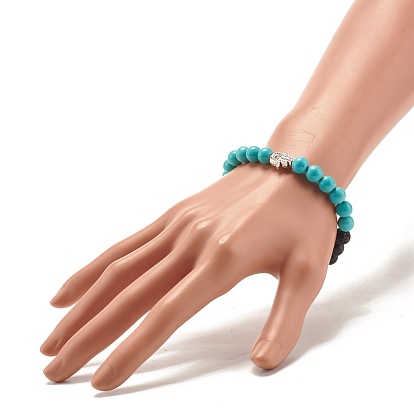 Round Synthetic Turquoise & Natural Lava Rock Stretch Bracelet, Oil Diffuser Power Stone Bracelet with Alloy Beads for Women