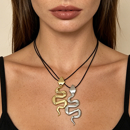 Alloy Snake Pendant Adjustable Waxed Cord Slider Necklaces for Women, Coconut Brown